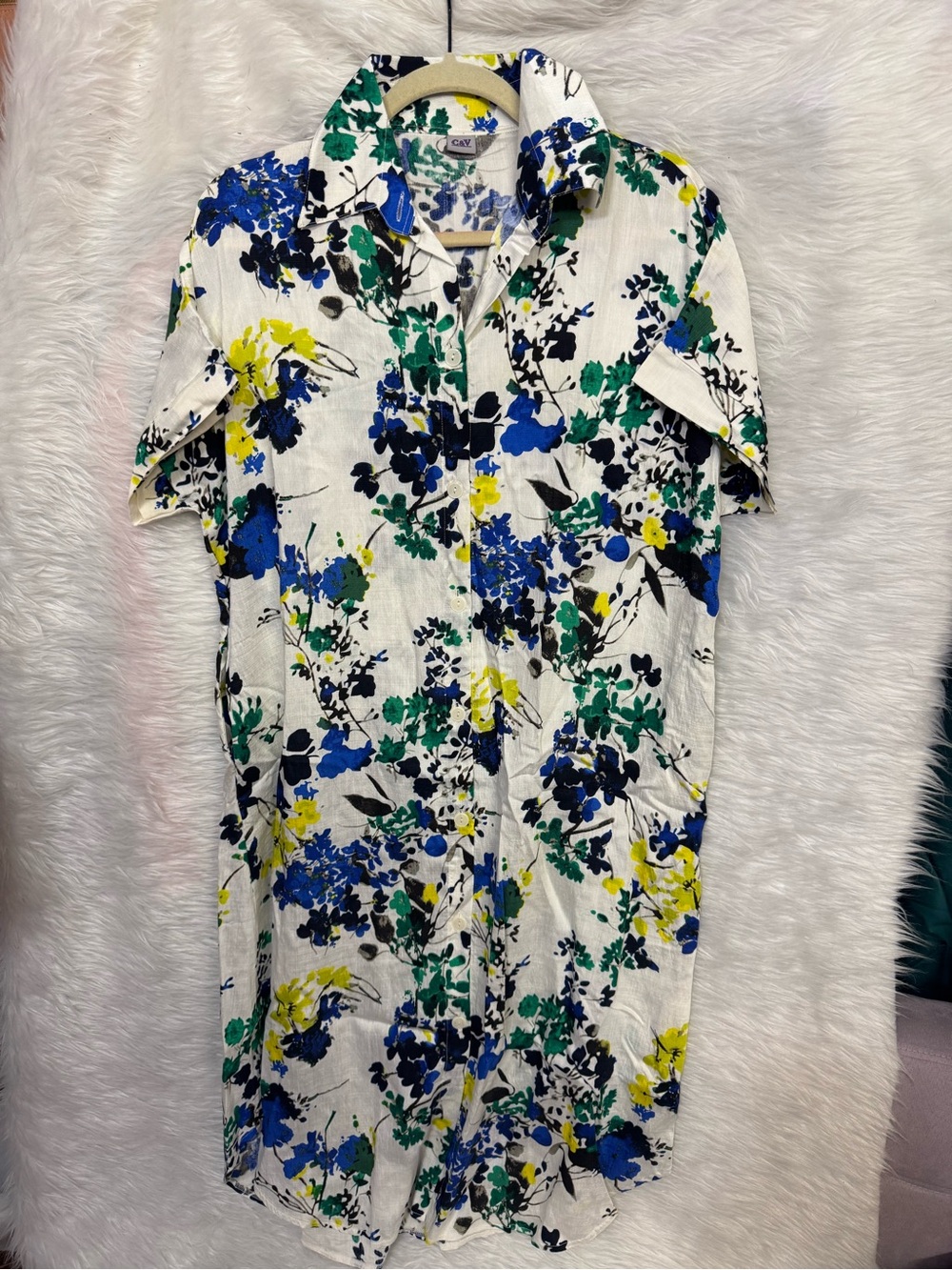Floral Button-Front dress in White with Blue, Green & Yellow Print